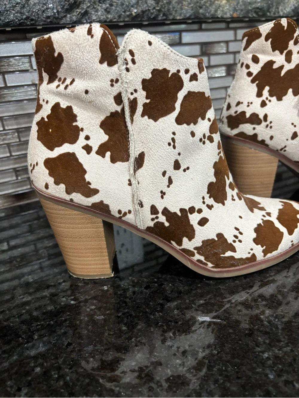 Cowhide Print Ankle Boots - Cream & Brown - Picture 3 of 5